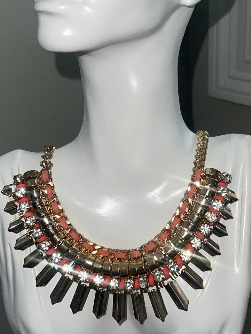 bebe Coral and Gold Pavé Spike Bib Necklace